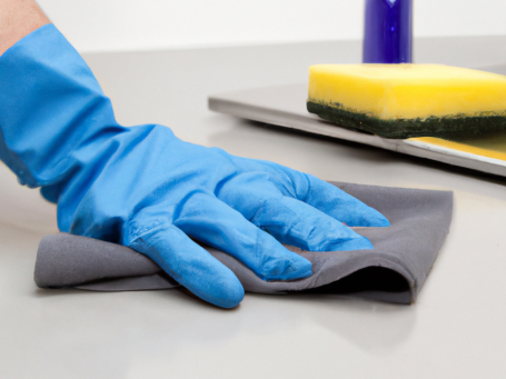 Main dans un gant bleu nettoyant une surface avec un chiffon gris et une éponge jaune à proximité.
