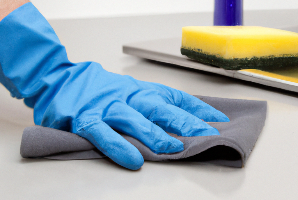 Main dans un gant bleu nettoyant une surface avec un chiffon gris, éponge jaune en arrière-plan.