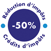 Logo annonçant une réduction d'impôts de 50 % pour les crédits d'impôts.